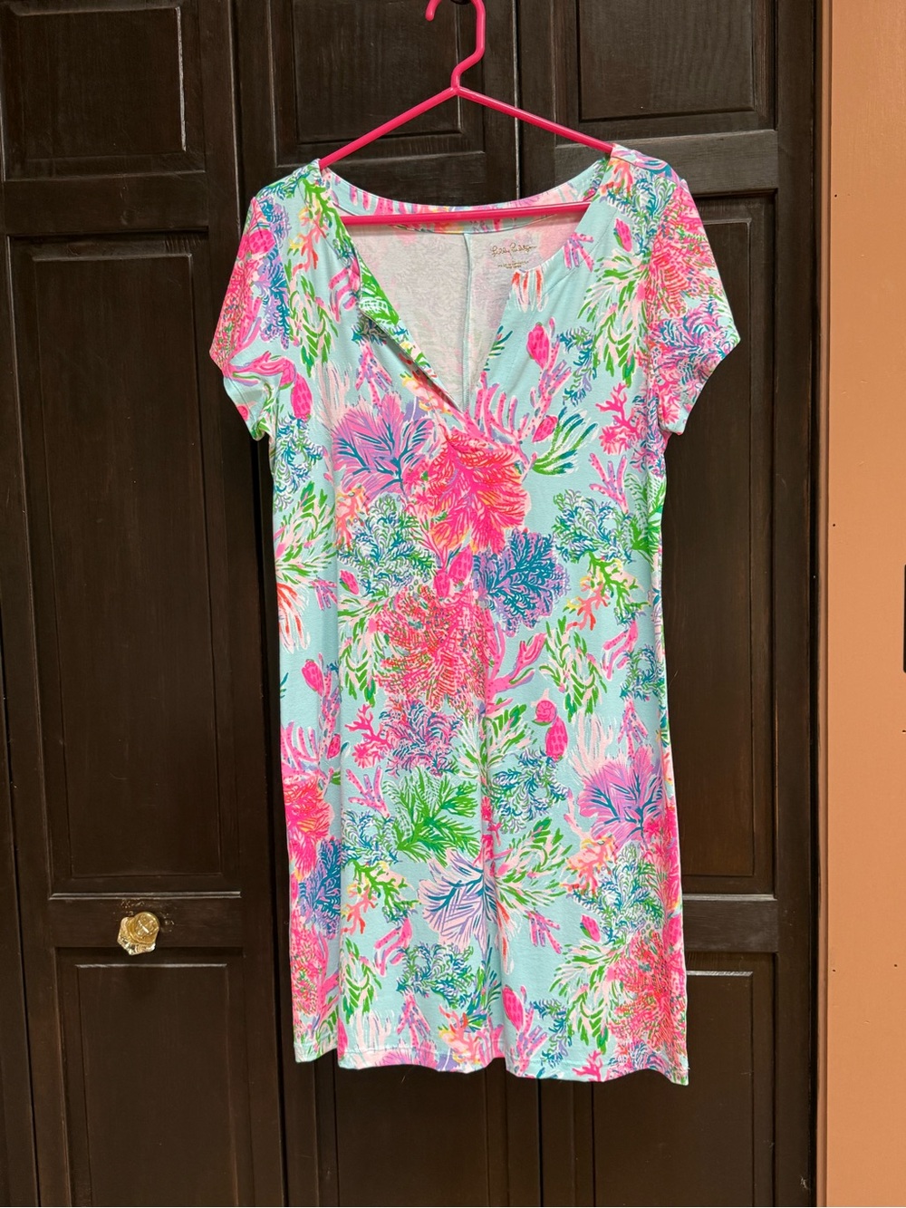 Lilly Pulitzer Aqua Floral V-Neck Shift Dress with Pink & Green Print